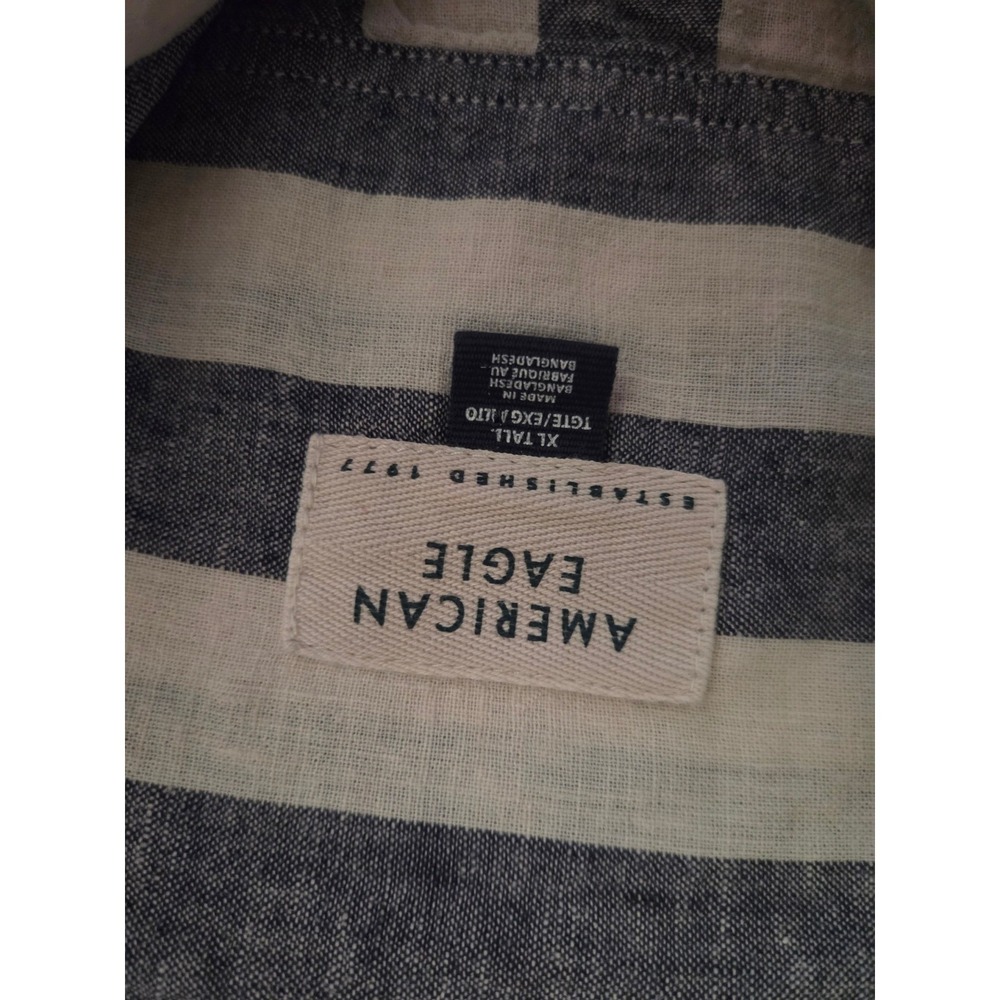 American Eagle Linen Blend Striped Short Sleeve Button Down Shirt Blue XL Tall - Picture 2 of 7